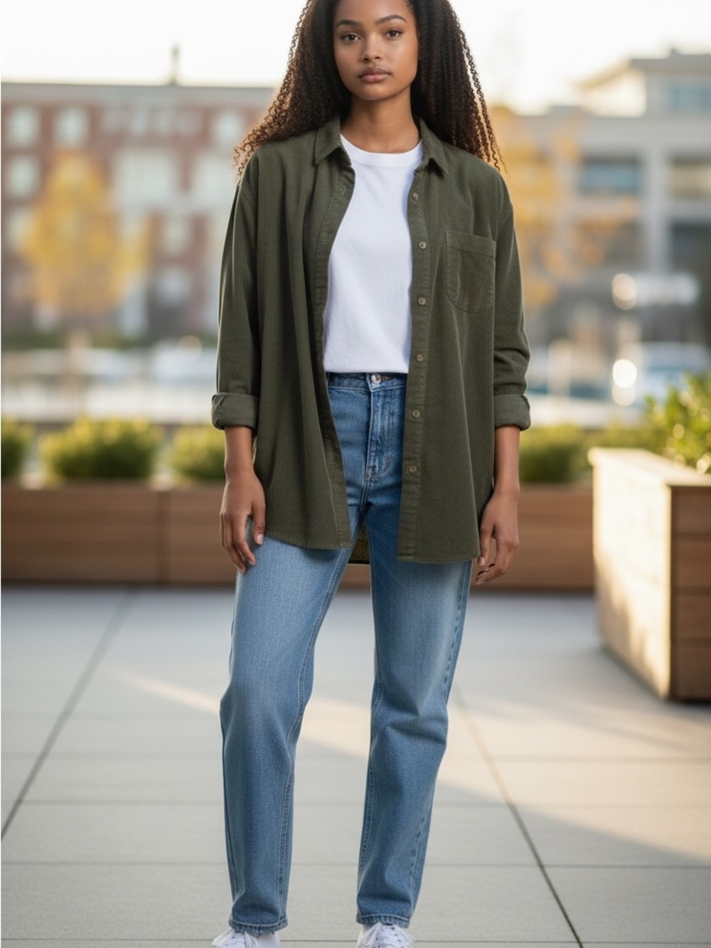 Jachs Girlfriend NY Olive Green Corduroy Shirt Jacket With Chest Pocket